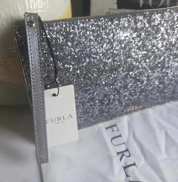 Furla Silver Rose Gold Glitter Wristlet Clutch Bag With Tags And Dustbag - Picture 12 of 12